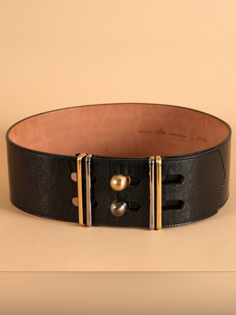 Fendi Black Wide Leather Belt With Two Tone Hardware Sz 80cm/32in (Medium)